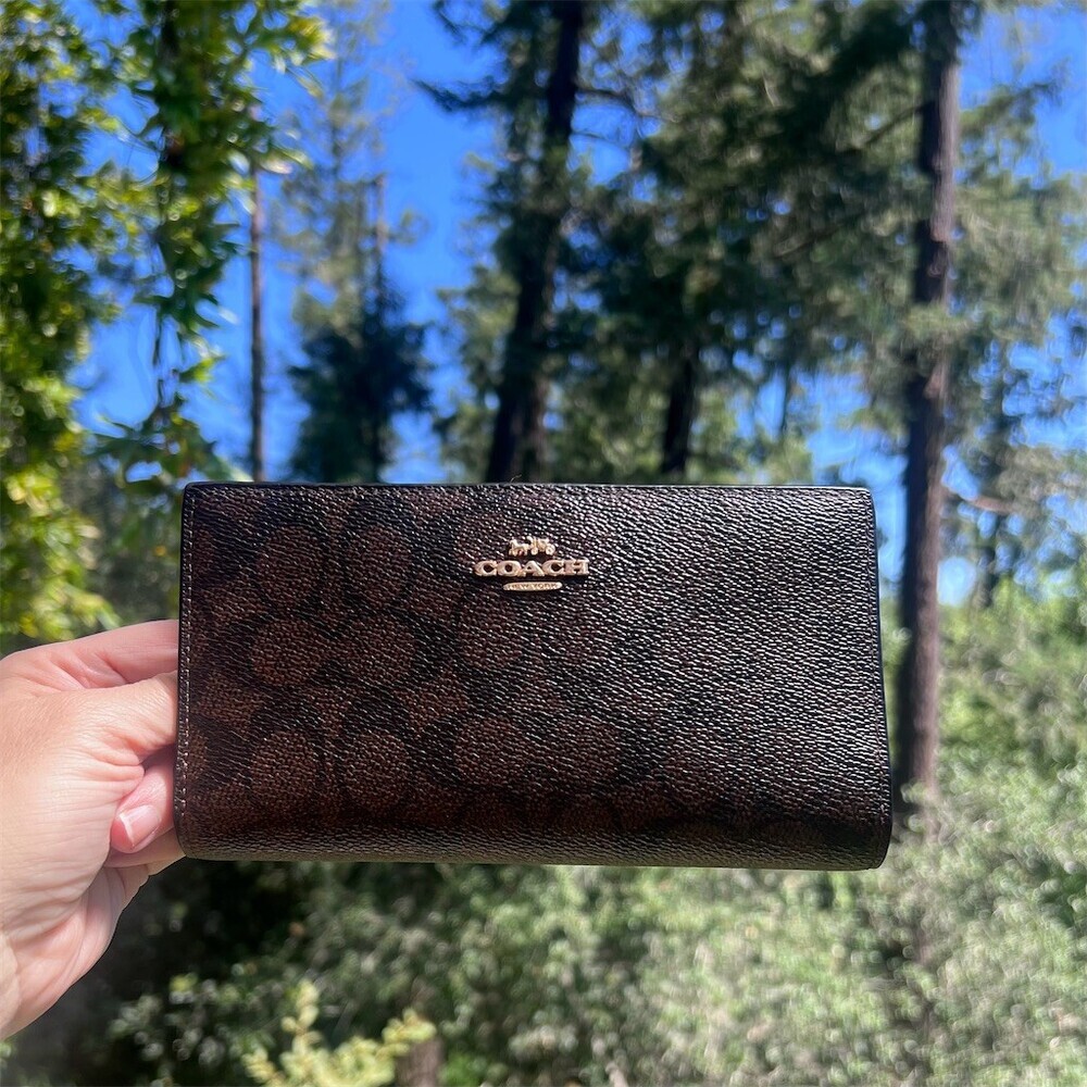 COACH Signature Canvas Bifold Wallet BLACK/BROWN with Gold Hardware AUTHENTIC